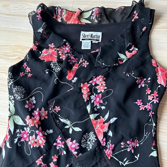 Vtg  Sheri Martin New York A-Line Midi black and pink florals dress women's S 8 - Picture 4 of 12